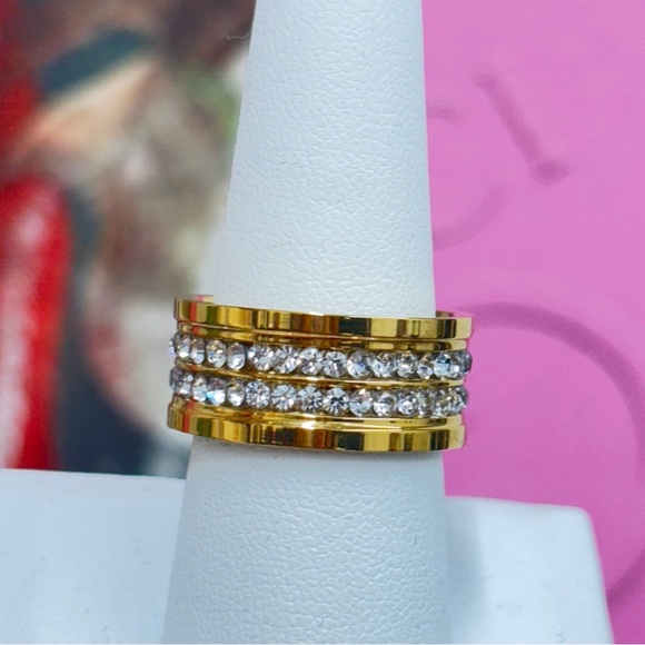 Sofi Stainless Steel Triple-Band Cuff Ring – Gold Finish & Rhinestone Detail - Picture 1 of 4